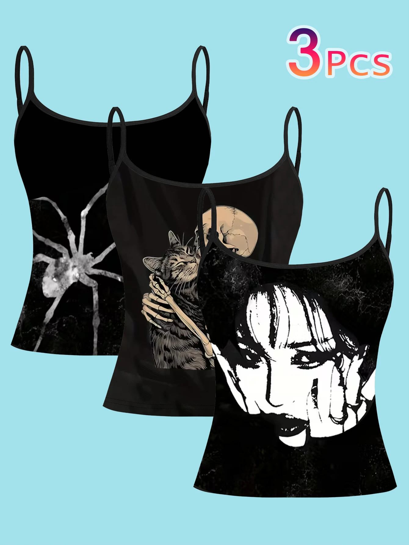3-Piece Set of Gothic Style Spider Skull Portrait Camisoles, Slim-Fit Tank Tops for Y2K Fashionistas, Suitable for Both Inner and Outer Wear