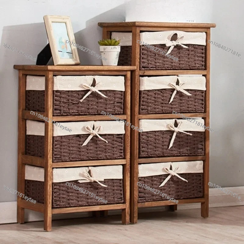Storage cabinet wutong wood storage rack Japanese charcoal burning bedside cabinet wooden  woven three or four layer cabinet