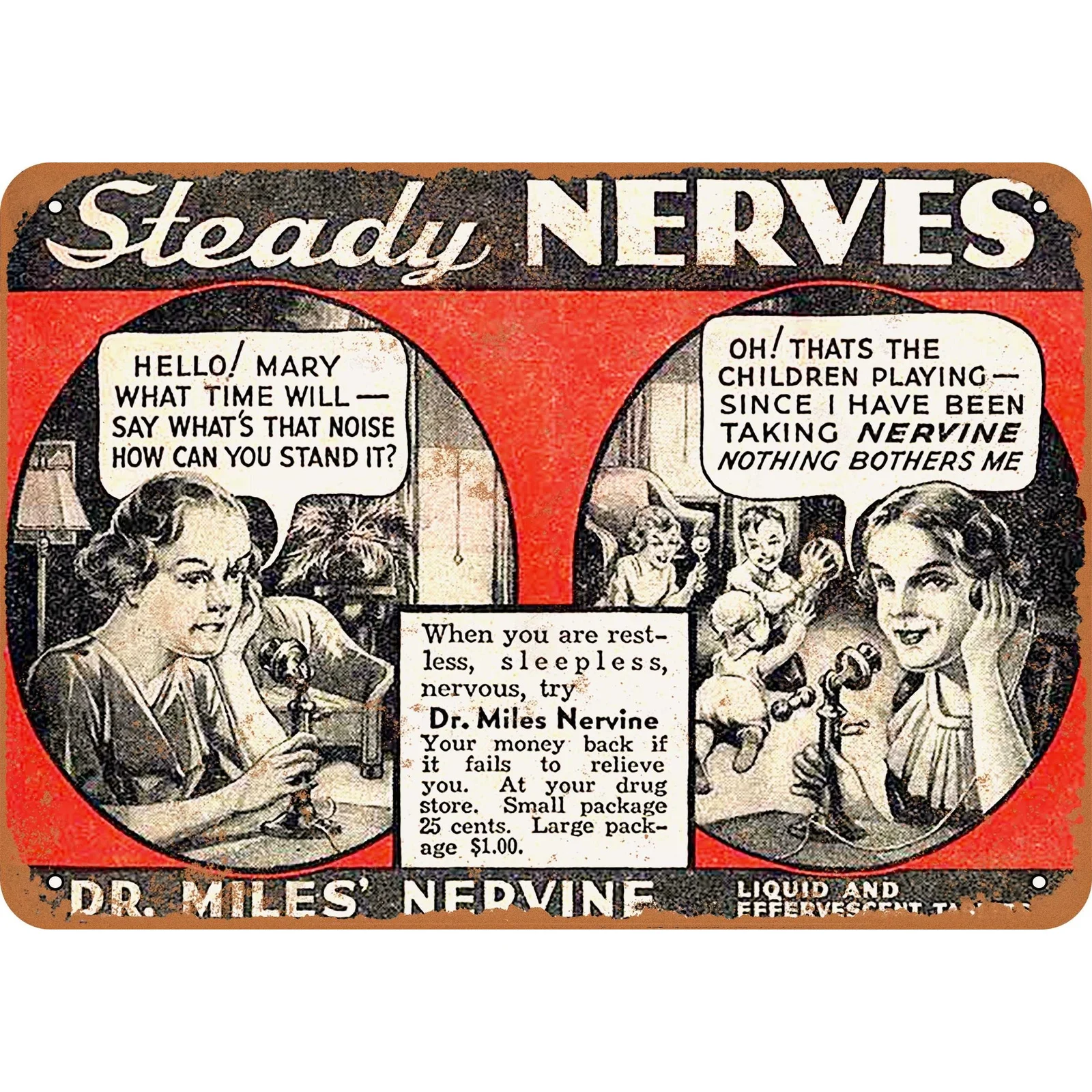 1919 Nervine Tonic Metal Sign - Antique Drugstore Decoration with Dr. Miles Nervine - Retro 1910s Ads - Heavy-Duty Iron - Mid-C