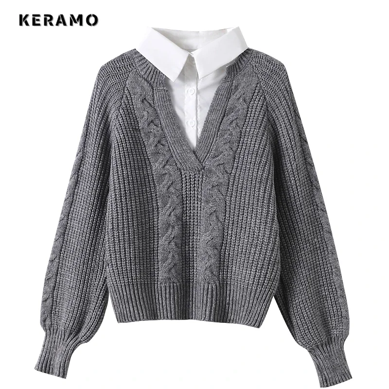 

Women Vintage Fake Two Piece Knitting Long Sleeve Casual Pullovers 2024 Autumn Fashion Turn Down Collar Loose Female Sweater Top