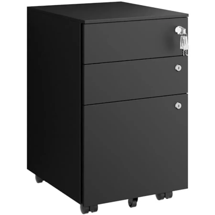 3 Drawers File Cabinet with 3 Lock, Mobile Metal Filing Cabinet, Fully Assembled Except Casters, for Home Office, for A4, Lette
