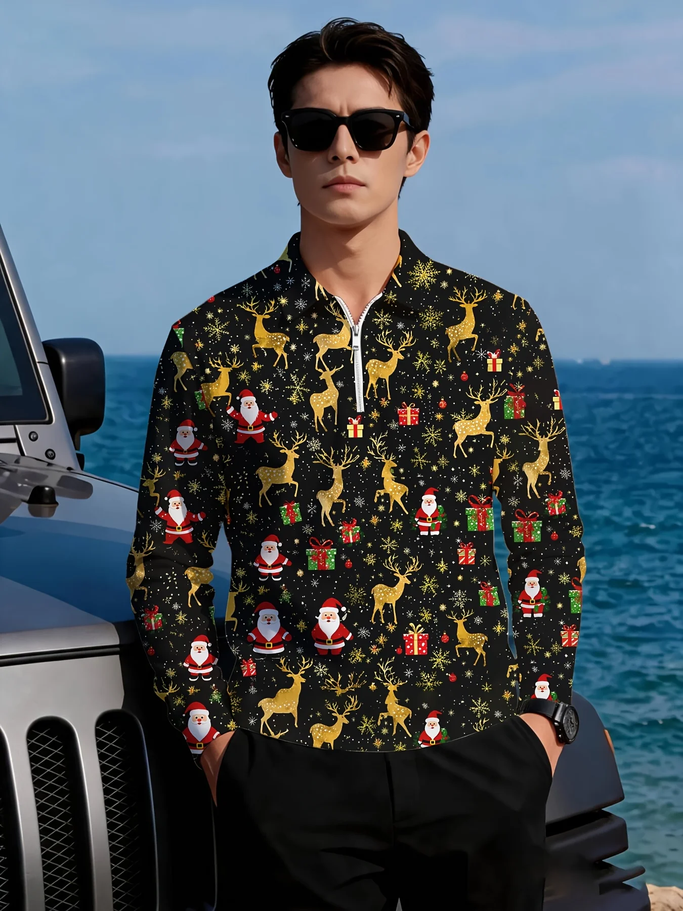 Men Black Quarter Zip Long Sleeve Polo Shirt, Golden Reindeer Santa Gift Snowflake Christmas Print Graphic Top