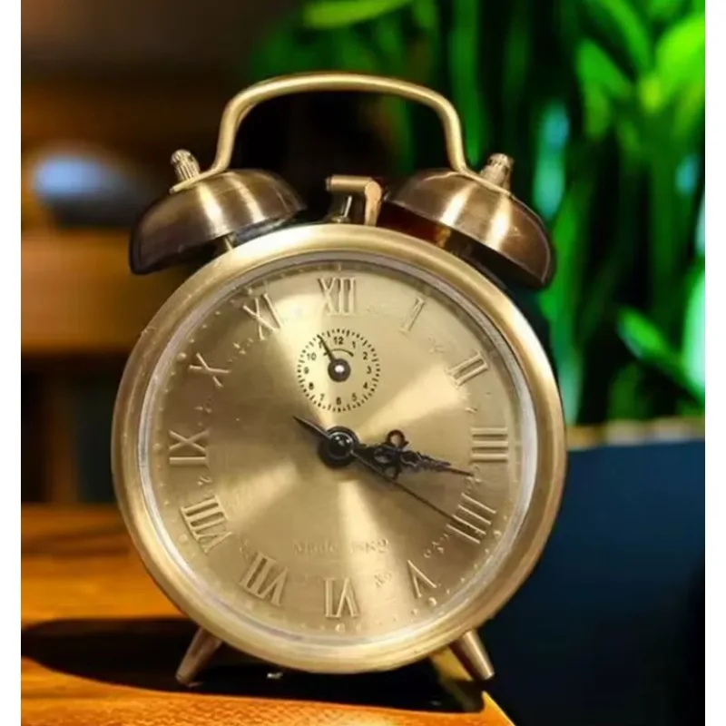 Vintage Solid Brass Mechanical Key-Wind Alarm Clock, Classic Dual Bell Analog Clock with Roman Numeral Display
