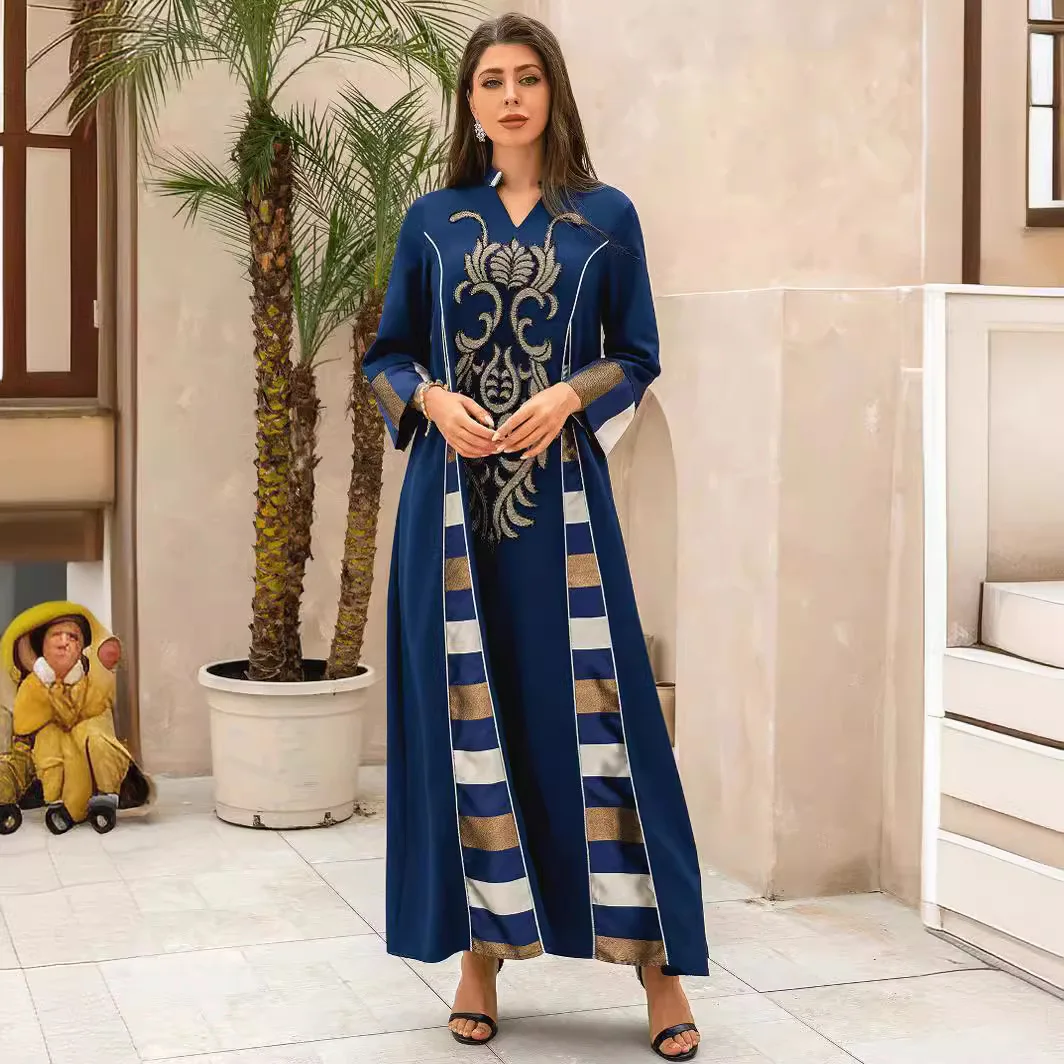 Middle Eastern Robe Clothing Bead Embroidered Flower Splicing Striped Abaya Muslim Robe