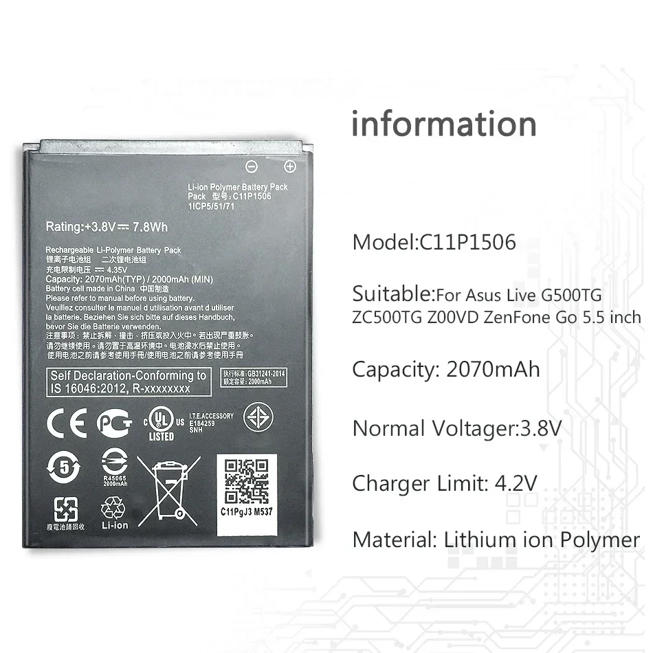 C11P1506 For Asus Live G500TG ZC500TG Z00VD ZenFone Go 5.5 ''  2070mAh Mobile Phone Battery Li-polymer Battery