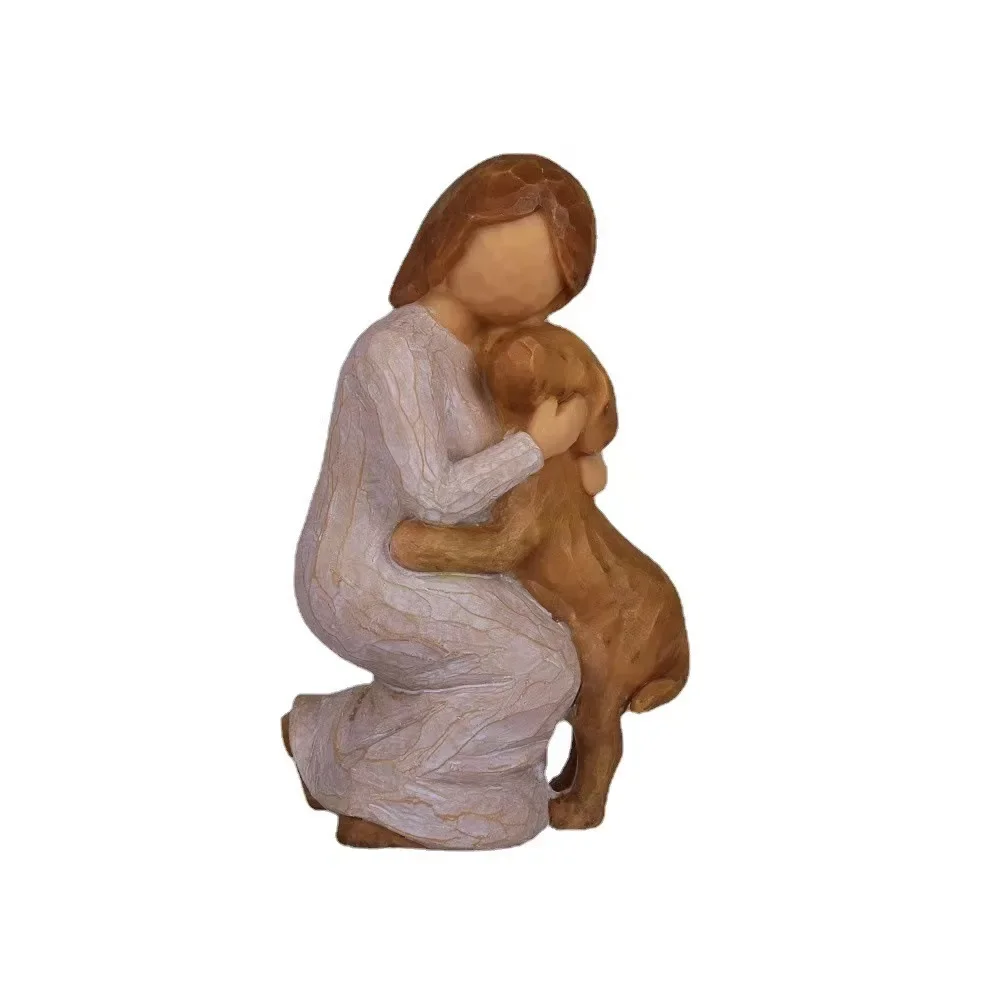 Creative imitation wood willow carving little girl squatting holding dog resin crafts home decoration table ornament