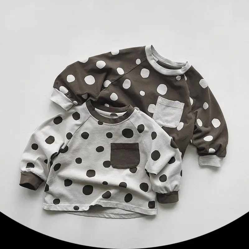 

Spring New Children Long Sleeve T Shirts Baby Girls Pokal Dot Loose Tees Cotton Toddler Boys Casual Versatile Tops Kids Clothes