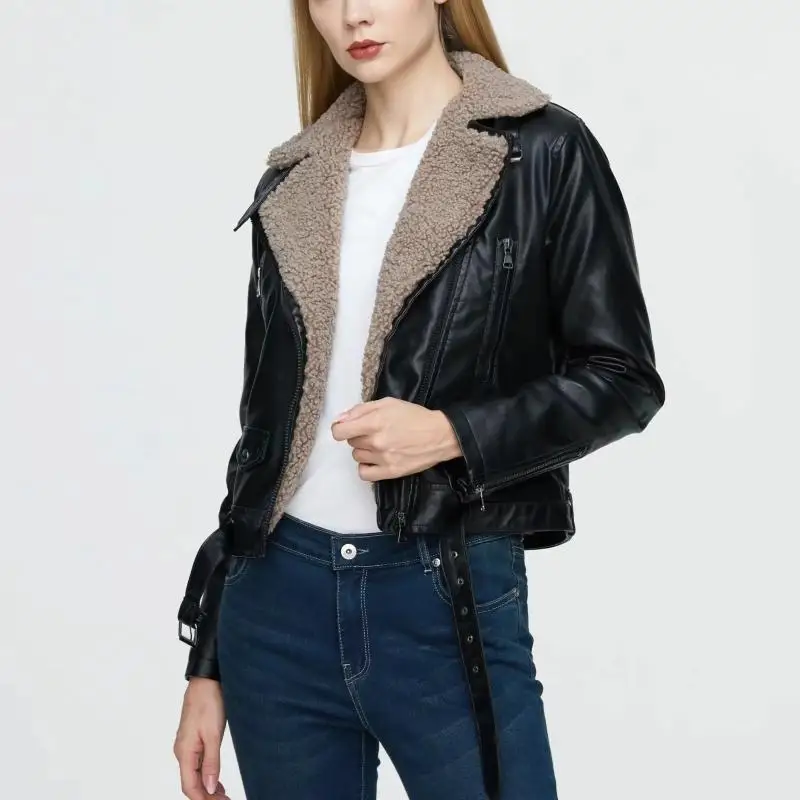 Thiened Lamb Fur Long Sve Leder Jaet Herbst Winter Neue Baumwolle Warm Faion Motorrad Reißverschluss Leder Jaet Street S...