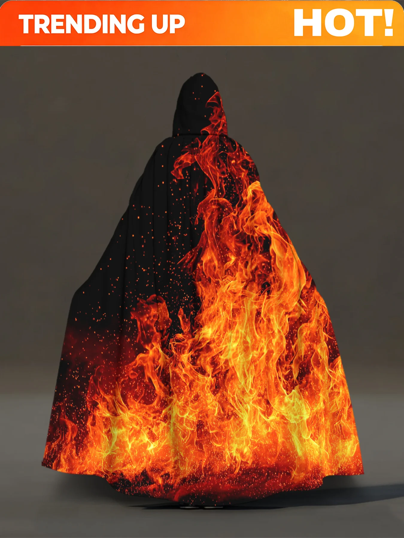 Customization 1pc 1pcs Blazing Orange Flame Hooded Robe - Full-Body Retro Flame Print Costume Cloak Suitable For Cosplay, Hallow