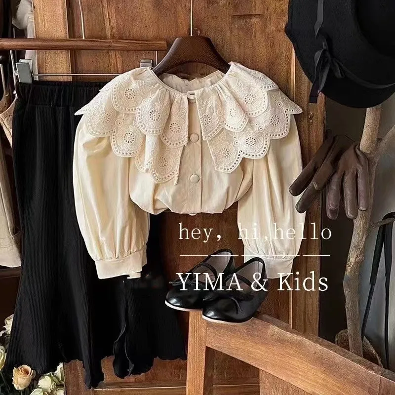 Spring and Autumn New Girls' Retro Clothing Lace Shirt Children's Fashion Solid Color Long Sleeve Top Baby Shirt Blouse