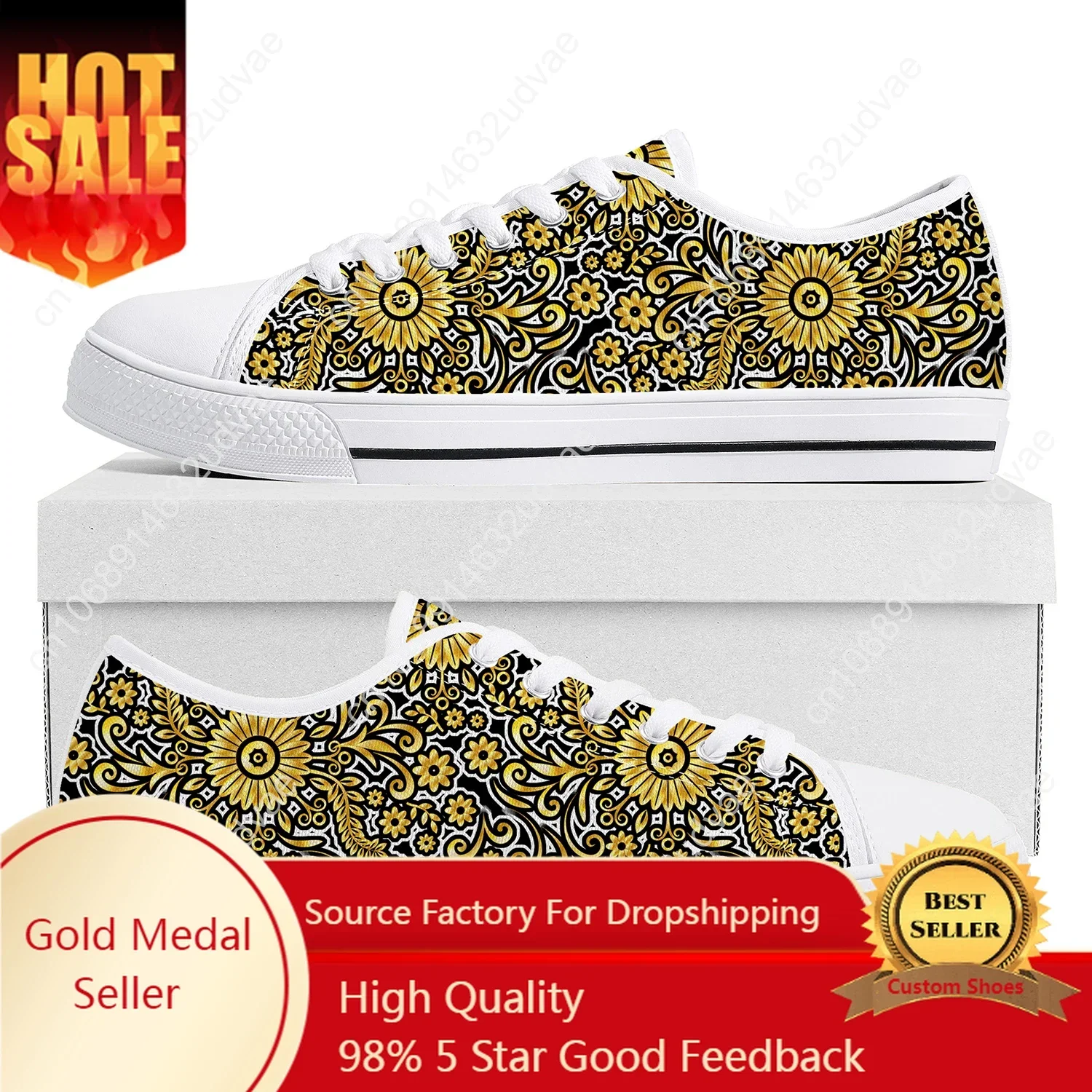 

Luxury Golden Floral Prints Low Top Sneakers Mens Women Teenager Baroque European Canvas Sneaker Casual Couple Shoes Custom Shoe