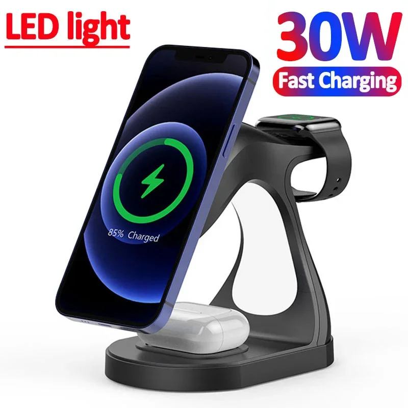 30W 3 in 1 Magnetic Wireless Charger Stand for iPhone 14 13 12 Pro Max Apple Watch Airpods Induction Fast Charging Dock Station