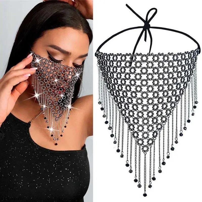 Máscara de mascarada de cristal para mujer, joyería de fiesta, red de pesca, borla de diamantes de imitación de Metal, máscara facial brillante, nueva decoración de cristal de moda