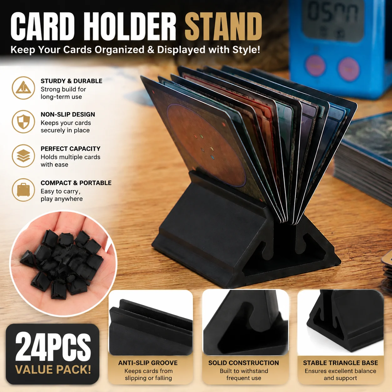 24Pcs Black Triangular Card Holder Tabletop Display Stand Rack Base Poker Trading Playing Card Storage Accessory For Party