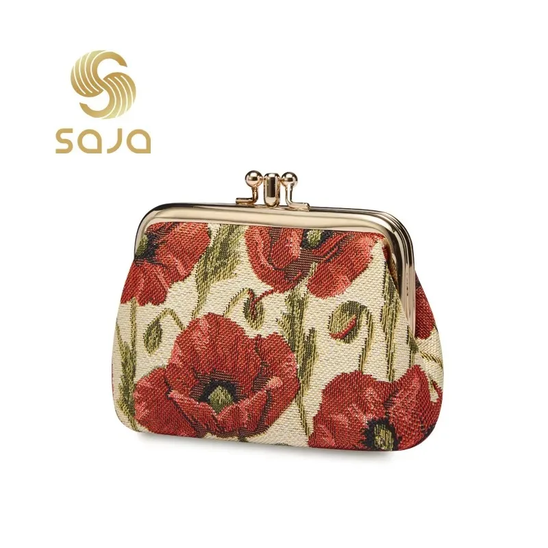 SAJA Tapestry Coin Purse bag Key Wallet Pouch Women's Wallet Double Pocket Kiss lock Red Poppy Flower Coin Holder For Girl Ladie