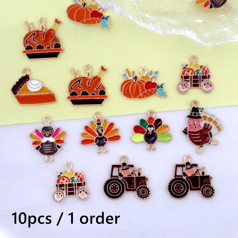 10pcs Cute Thanksgiving Turkey Food Metal Pendant Cartoon Alloy Charms DIY Necklace Bracelet Earrings Jewelry Keychain Accessory