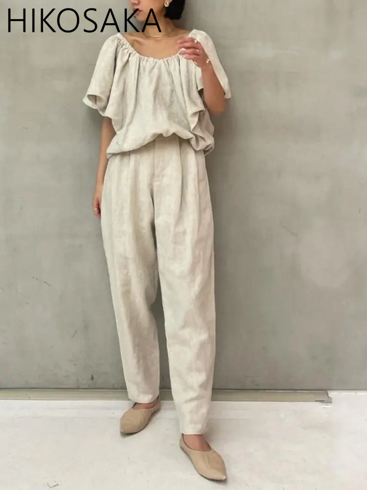 

Japanese New Elegant Vintage Casual Two Piece Sets Ruffles O-neck Folds Blouse Shirts High Wasit Loose Pants Summer Women Suits