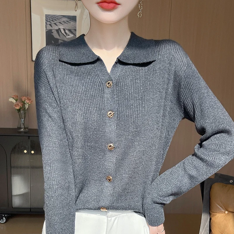 Primavera e outono novo polo manga longa base de lã design premium cor sólida gola de malha cardigan camisola casaco topo