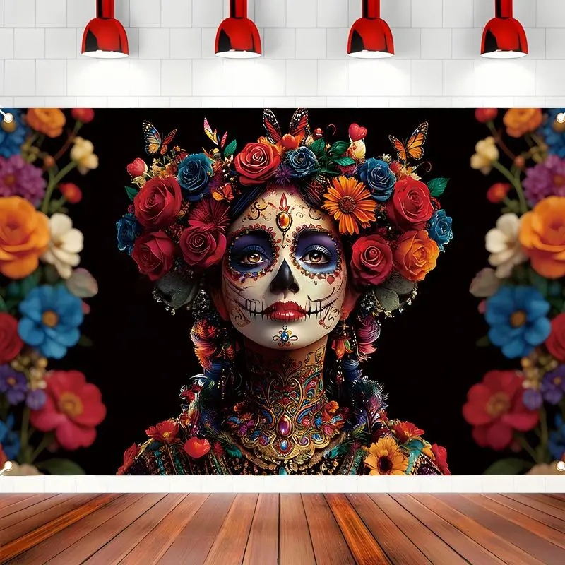VIKAMA Day of Dead Sugar Skull Lady Tapestry Floral Halloween Aesthetic Wall Hanging Bedroom Dorm Party Photo Background Decor