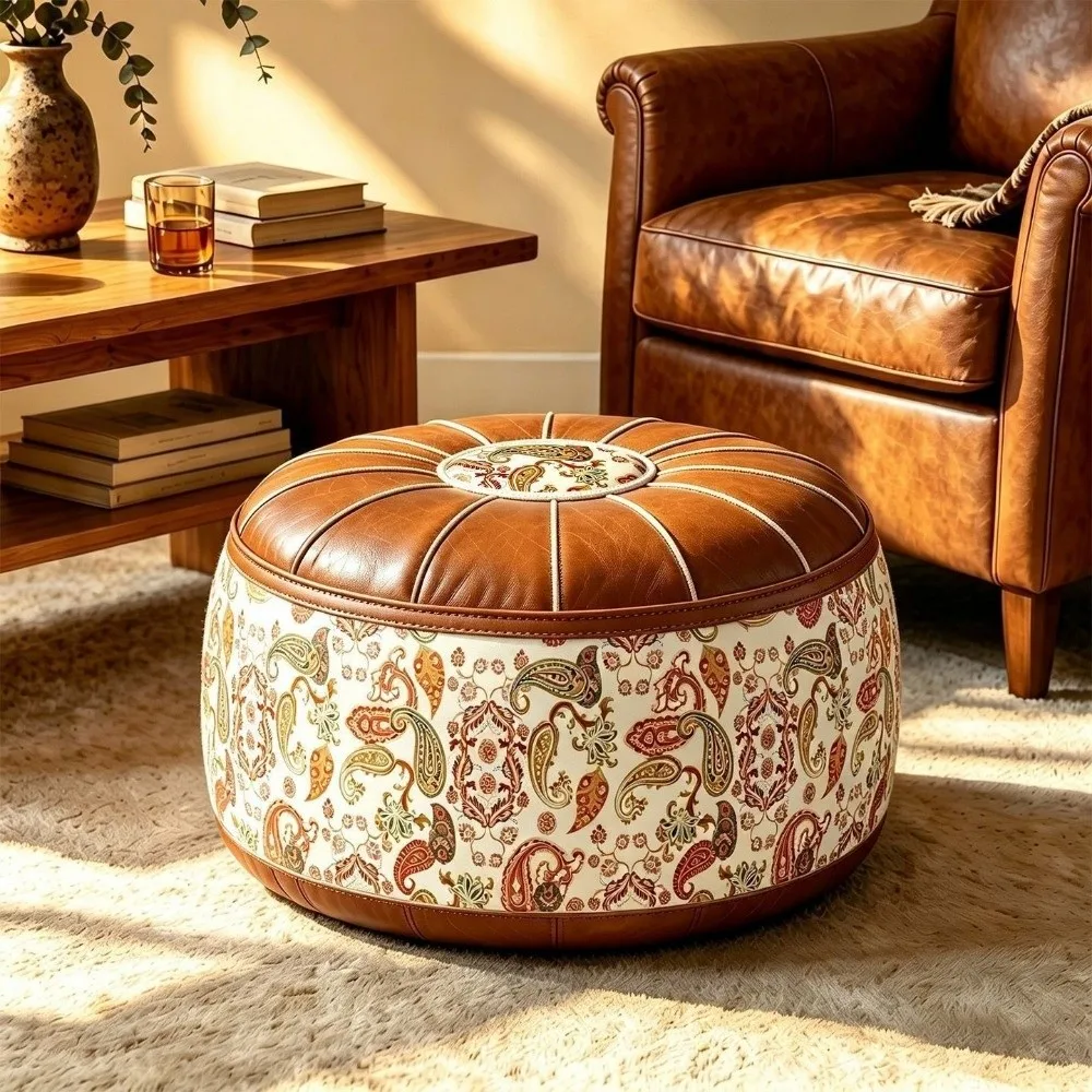 Multi-functional PU Leather Seat Cushion Cover Vintage Unstuffed Round Footstool Cover Folding Large Capacity Pouf Cover Balcony