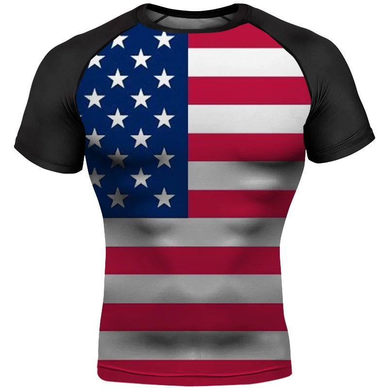 MMA BBJ Rashguard T-shirt Men's short sleeved tight fitting shirt Muay Thai flag GI Taekwondo shirt Sports breathable boxing top