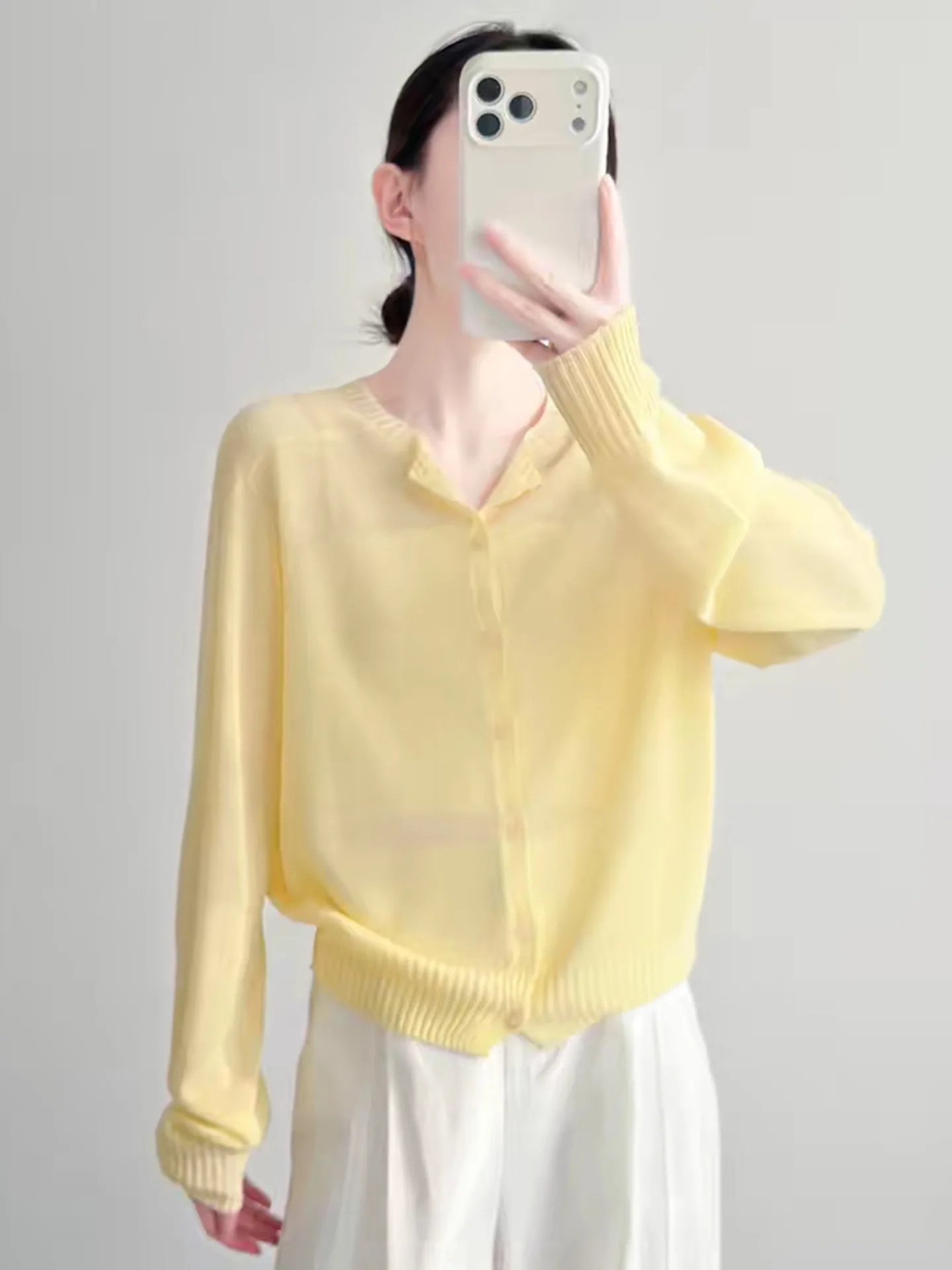 Yellow Lightweight Seamless Knitted Long Sleeve round Neck Open Cardigan Women's Autumn Cool Silk Outerwear Sun Protection Ai...