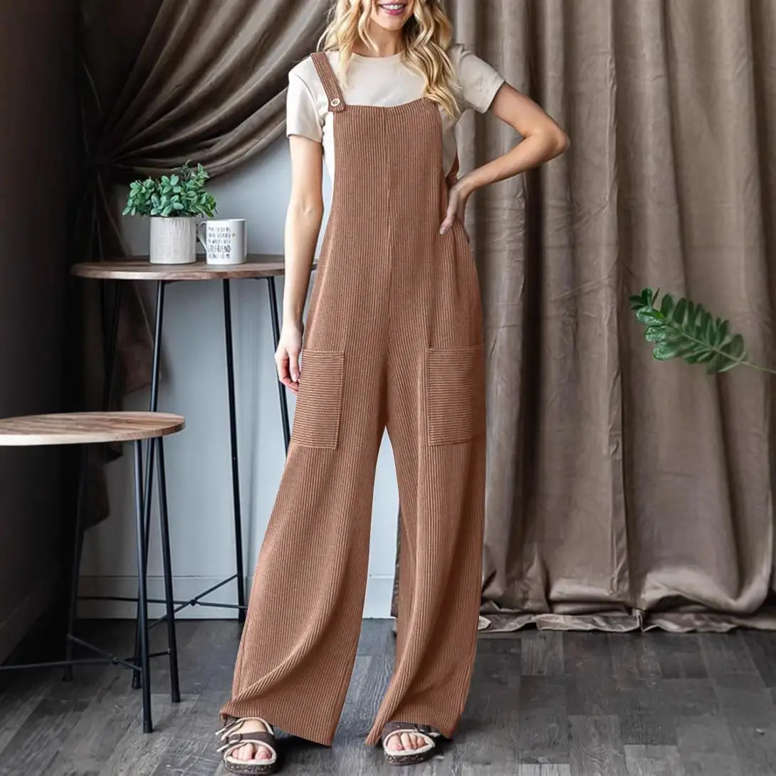 

Women's Adjustable Strap Overall with ket Low Waist Straight Leg Long Pants Lycra Fabric Spring Season Faion Ladies' Outfit