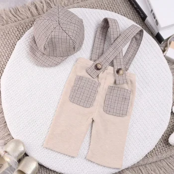 Ylsteed Little Gentleman Photography Outfits Newborn Boy Plaid Pocket Suspender Trousers with Casquette Infant Shooting Jumpsuit 5