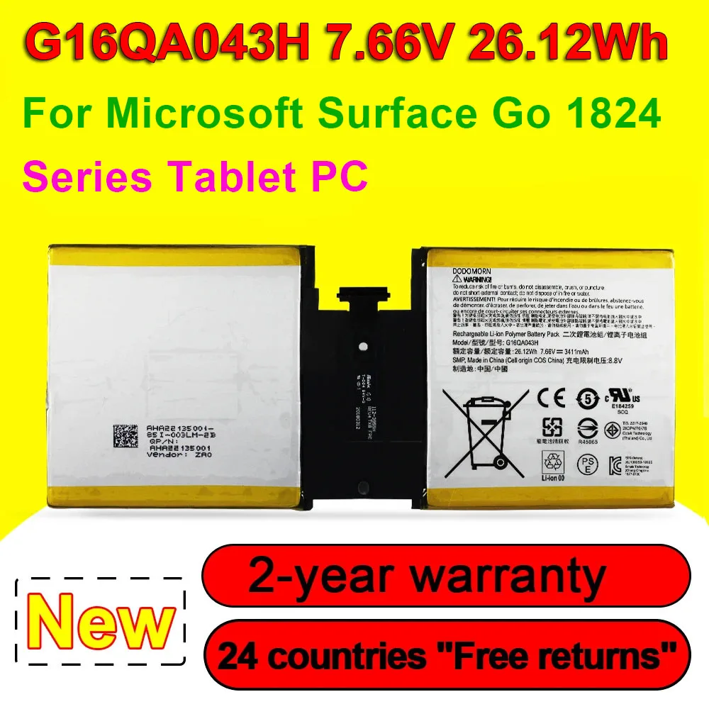 

G16QA043H For Microsoft Surface Go 1824 4415Y Series Tablet PC Laptop Battery 2ICP4/76/76 7.66V 26.12Wh 3411mAh Rechargeable