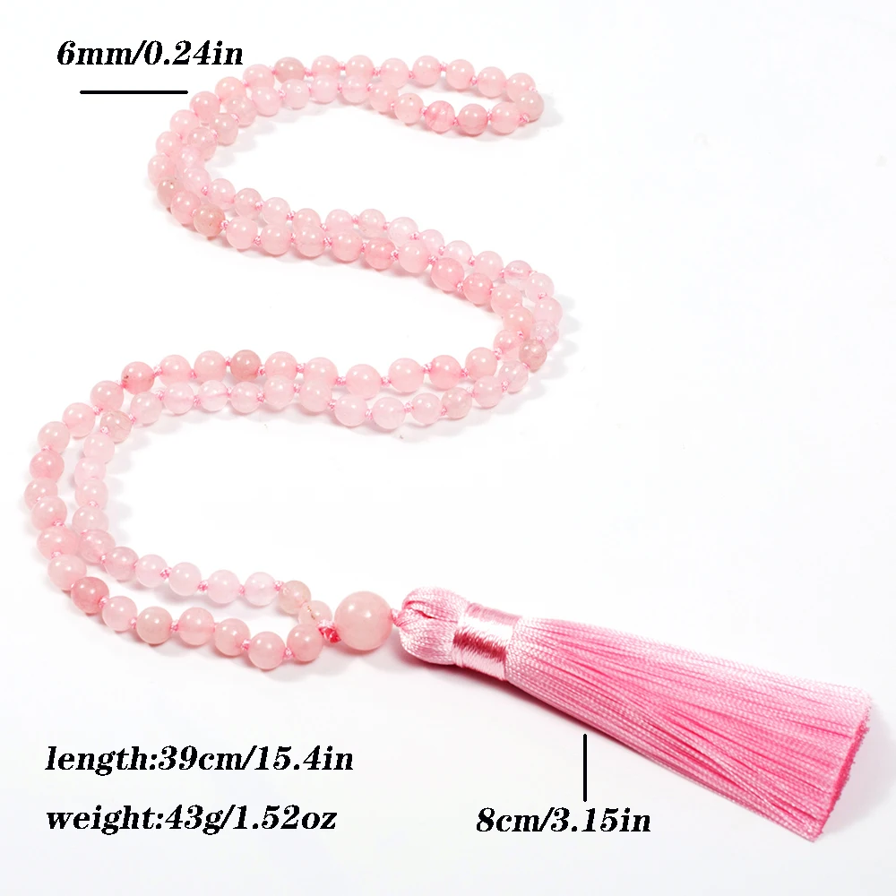 6mm Rose Quartz Beaded Knotted 108 Mala Necklace Meditation Yoga Prayer Jewelry Japamala Rosary for Women