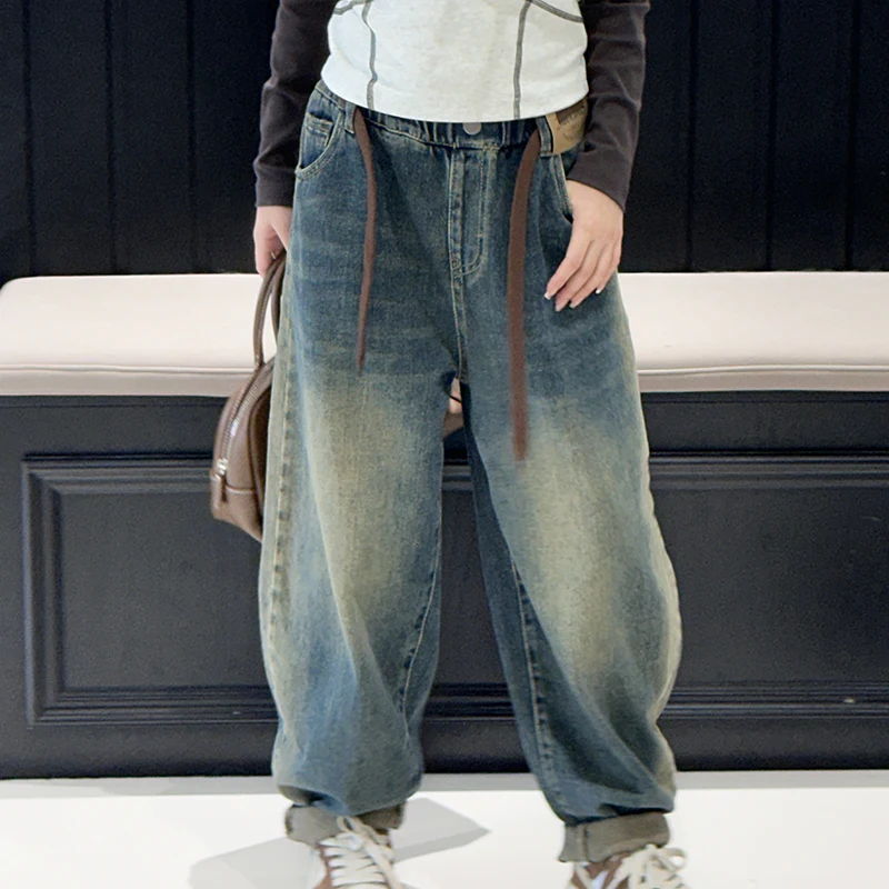 Girls' loose jeans children's spring and autumn pants washed and worn spring clothes stylish and fashionable pants trend