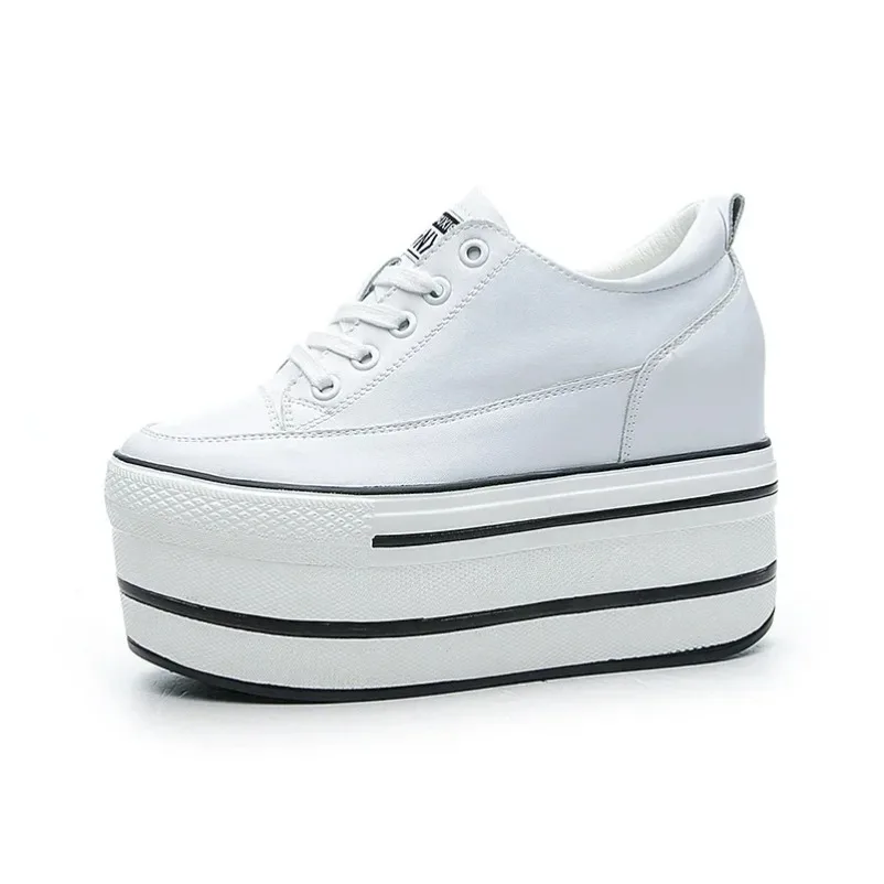 

KOZNOY Genuine Leather Soft Casual Shoe Sneakers White Black 10.5cm 4 inch High Thick Heel Platform Flats Women Casual Shoes