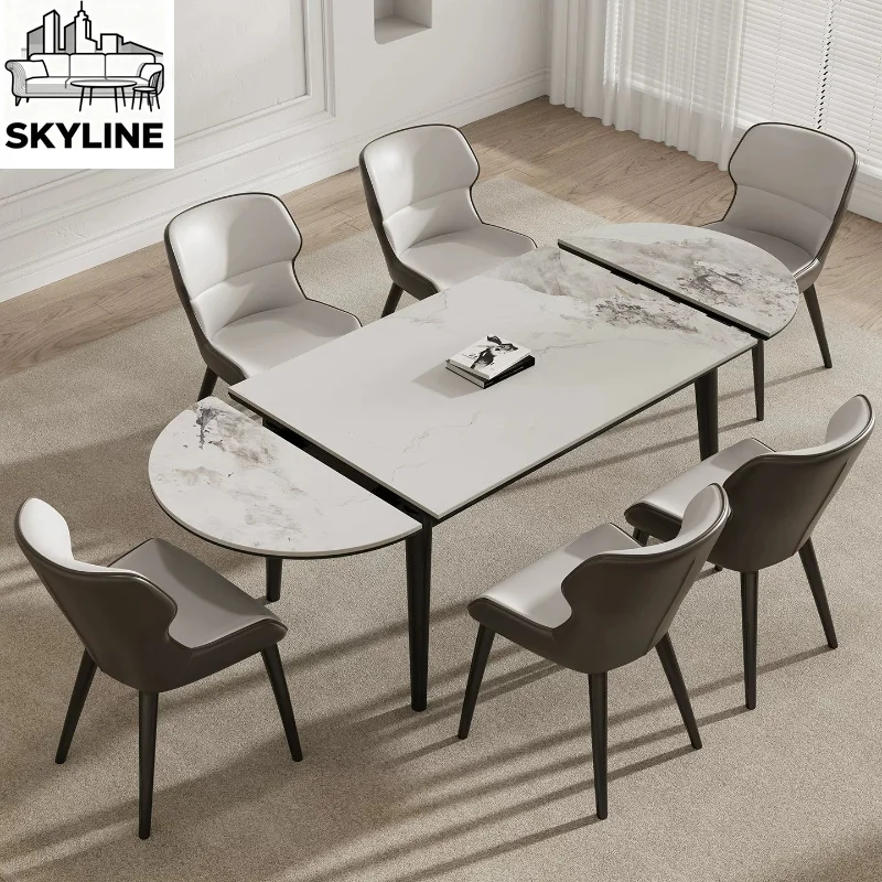 Modern Retractable Solid Wood Rock Slab Dining Table, Foldable Extendable Dinner Countertop for Household Use