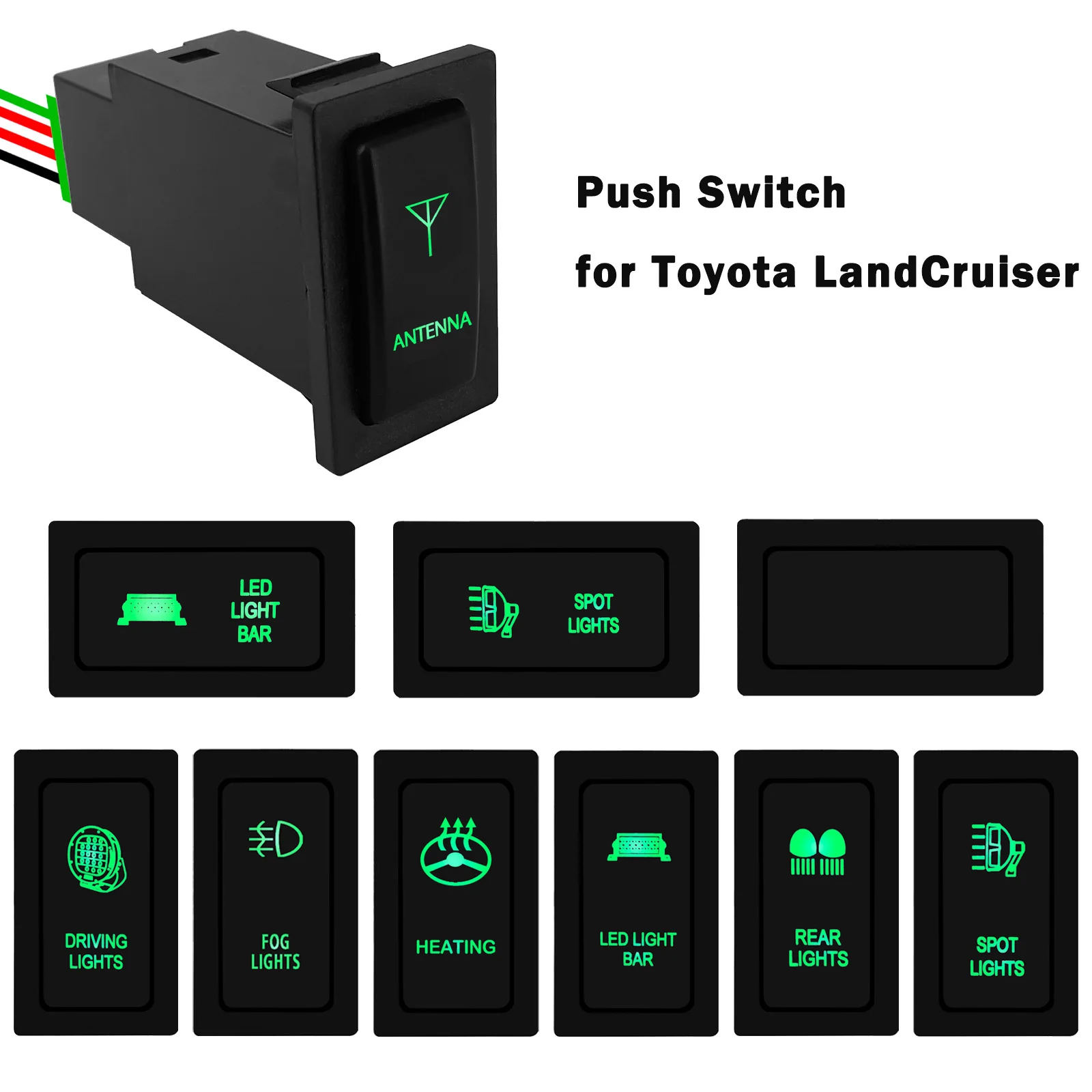 Green Light Car Push Switch 12V ON OFF Button Antenna Spot Fog Rear Light Push Switch for Toyota LandCruiser 80 Prado 90 95