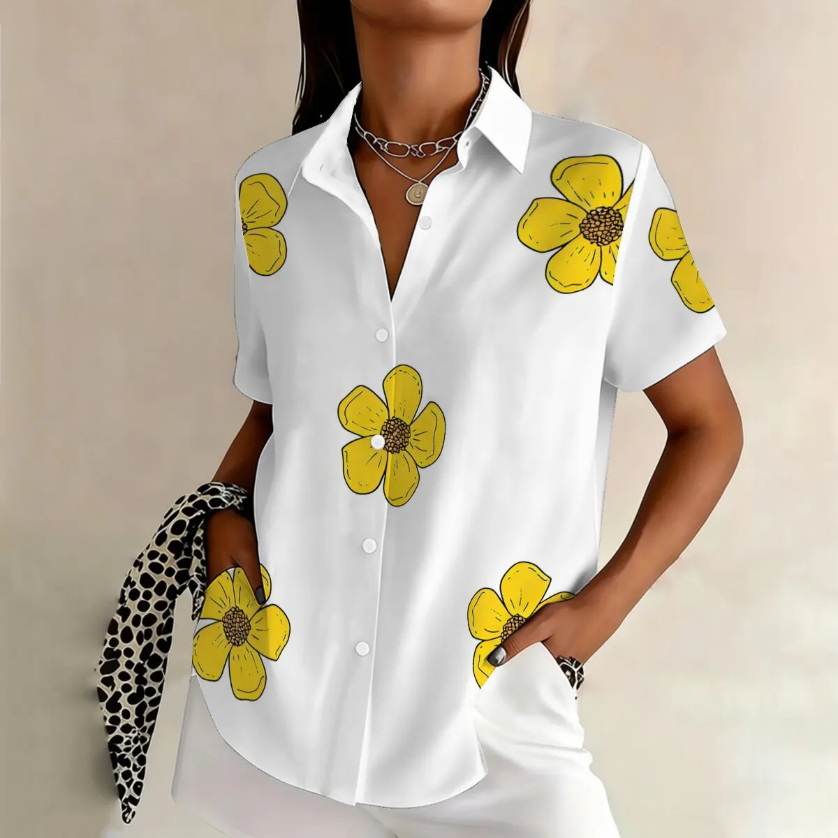 

Рубашка с коротким рукавом в стиле Ins с художественным узором в виде желтых цветов, женская повседневная блузка для отпуска, элегантный топ больших размеров.