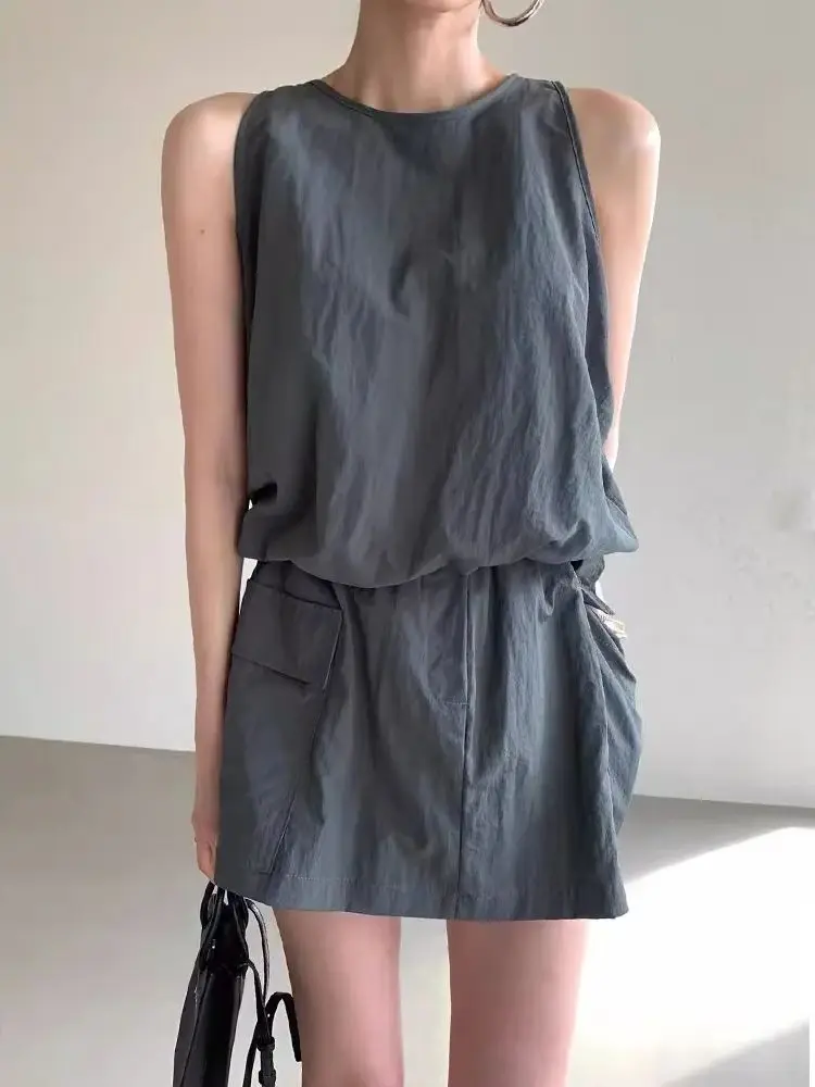 

Корейский шикарный женский однотонный комплект, короткая юбка, летняя повседневная жилетка на молнии, рубашка + брюки с эластичной резинкой на талии, юбка, женский комплект из двух предметов