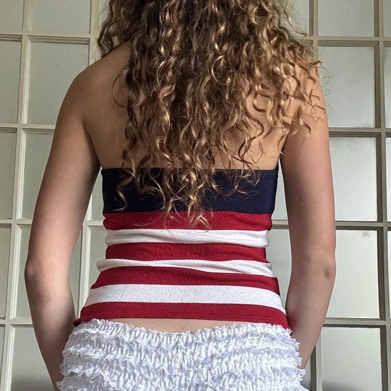 7 月 4 日ストライプスターコントラストニットキャミソール女性のスリムフィットスパゲッティストラップホルタータイアップクロップトップ Y2K コケットタンクトップ