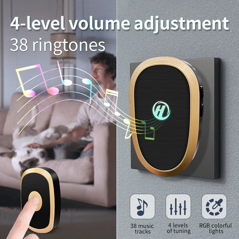 Wireless Doorbell RGB Colorful Light 38 Music Tracks 4 Level Outdoor 150M Range Kinetic Door Bell