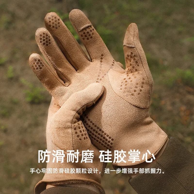 High quality men women winter suede gloves fur lining hand warmer touch screen anti-slip 2023 motorcycle and bike gloves - black