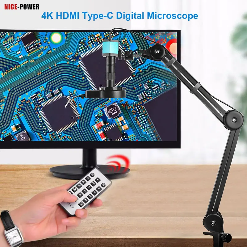 4K Articulated Arm Microscope for Mobile Phone 150X Zoom Lens Digital Soldering Microscope LED Light HDMI USB Industrial Camera