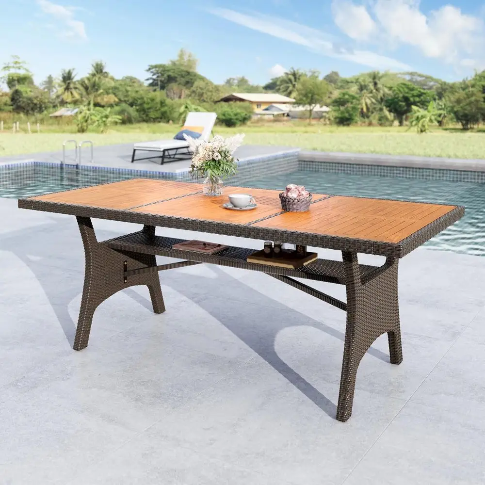 

Уличный обеденный стол из акации, 75-дюймовый круглый обеденный стол или стол на 6-8 персон с местом для хранения, металлическими и плетеными элементами и регулируемыми ножками.