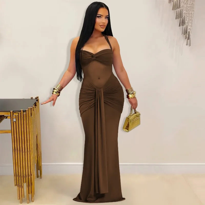 

KEXU модное женское сексуальное перспективное сетчатое лоскутное платье макси с лямкой на шее и открытой спиной, длинные платья для вечеринок в ночном клубе