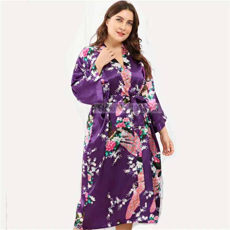 Long Satin Robe Lady Print Peacock Nightwear 3XL Kimono Bathrobe Gown V-Neck Lingerie Large Size Nightgown Lounge Wear Sleepwear