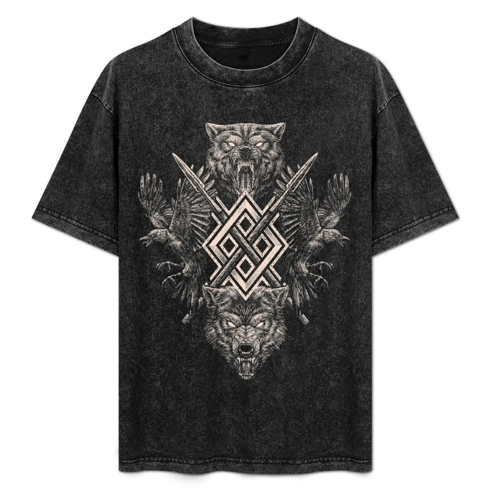 Viking Wolf Raven of Odin Geri Freki Huginn Muninn Norse Mythology Gungnir T-Shirt Casual Everyday Short Sleeve T-Shirt