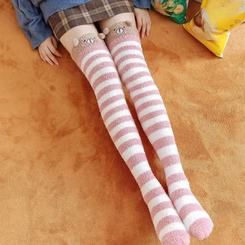 Japanese Mori Girl Animal Modeling Knee Socks Striped Cute Compression Autumn Winter Warm Sock Kawaii Cozy Long Thigh High Socks