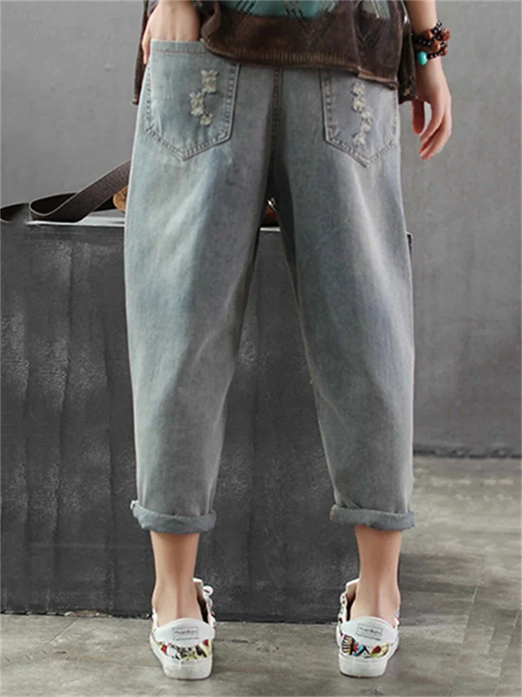 6859 New Fashion Korea Style Vintage Hole Girl Embroidery Ankle-length Denim Jeans Female Casual Loose Harem Pant Trousers Cloth