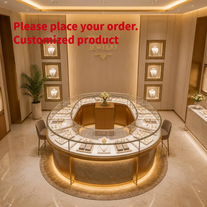 custom.Custom Luxury Eco-Friendly Durable Wood Frame Jewelry Display Cabinet LED Lighting Glass Showcase Set Necklace Shop Whole