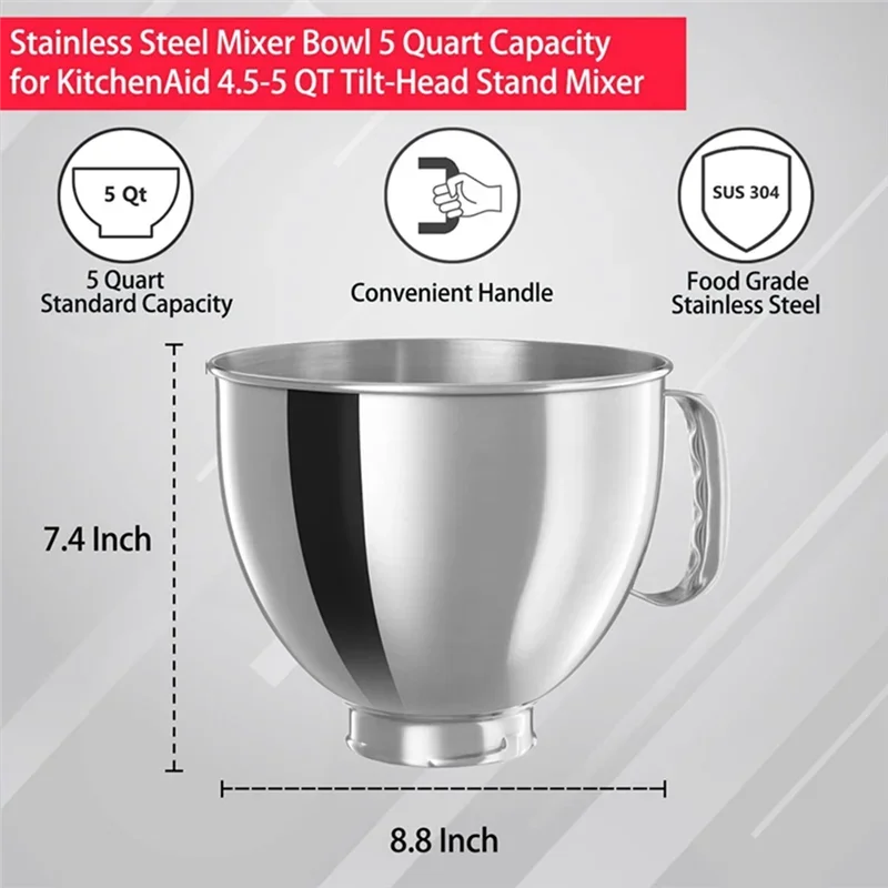 A74G-للسلسلة الحرفية الكلاسيكية 4.5QT/5QT خلاط 304 وعاء خلاط من الفولاذ المقاوم للصدأ وعاء آمن للاستخدام في غسالة الأطباق #5