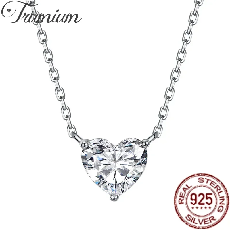 Trumium 100% 925 Sterling Silver Zircon Heart Pendant Necklace For Women Sparkling Wedding Party Fine Jewelry Gift