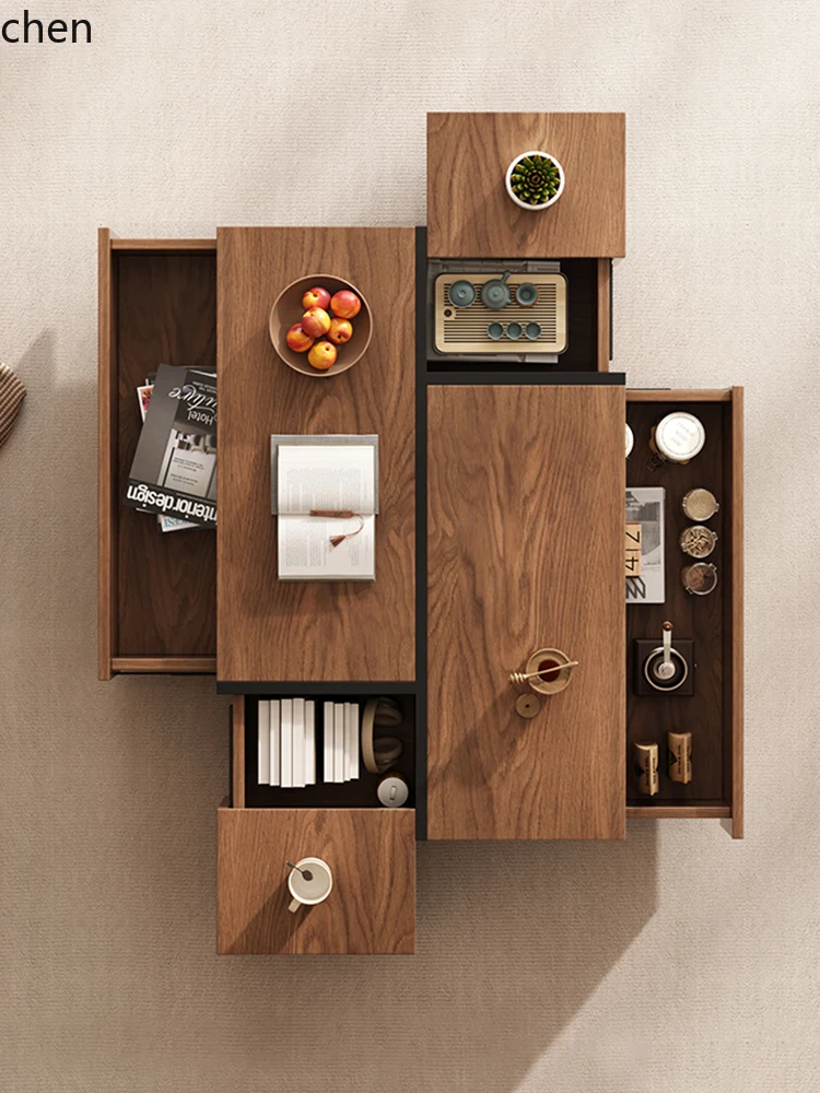 ZML Retro Style Black Walnut Solid Wood Rectangular Coffee Table for Small Living Rooms with Storage